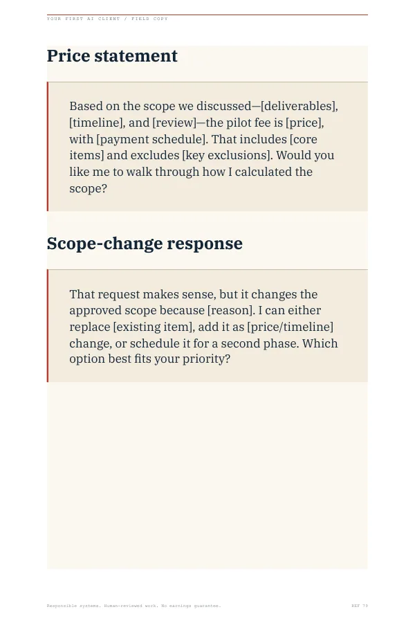 Sample page with pricing and scope-change scripts