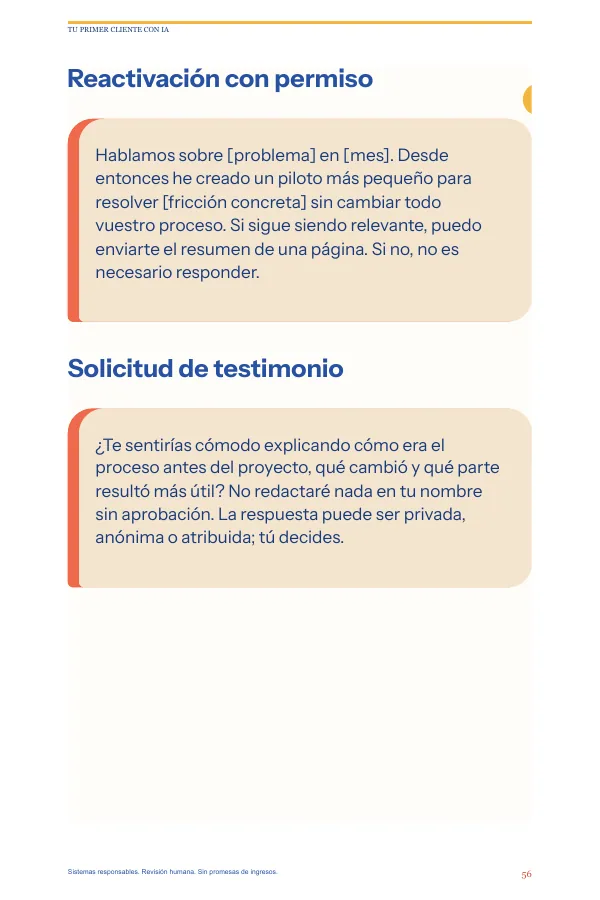 Página de muestra con guiones de reactivación y solicitud de testimonio